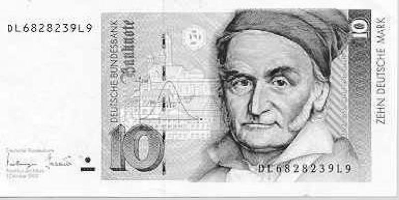 A portrait of Gauss and the normal curve on a former German 10-DM banknote.